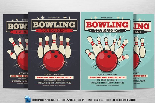 经典保龄球锦标赛传单模板 Bowling Tournament Flyer