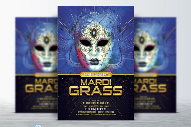 狂欢节面具化妆舞会盛会海报模板 Mardi Grass Flyer