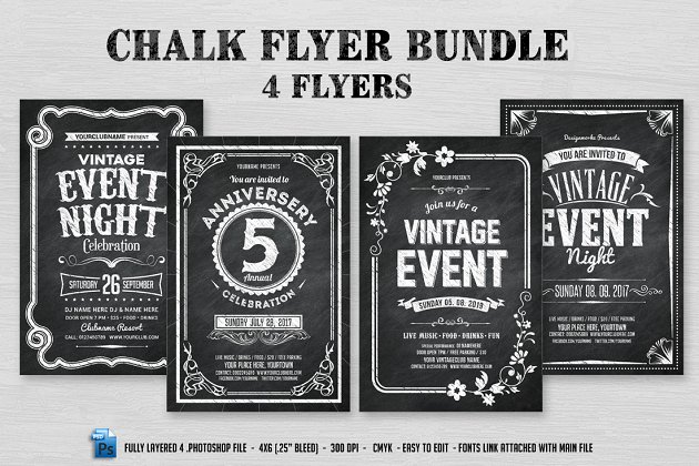 粉笔海报模板包 4 Chalk Flyers Bundle