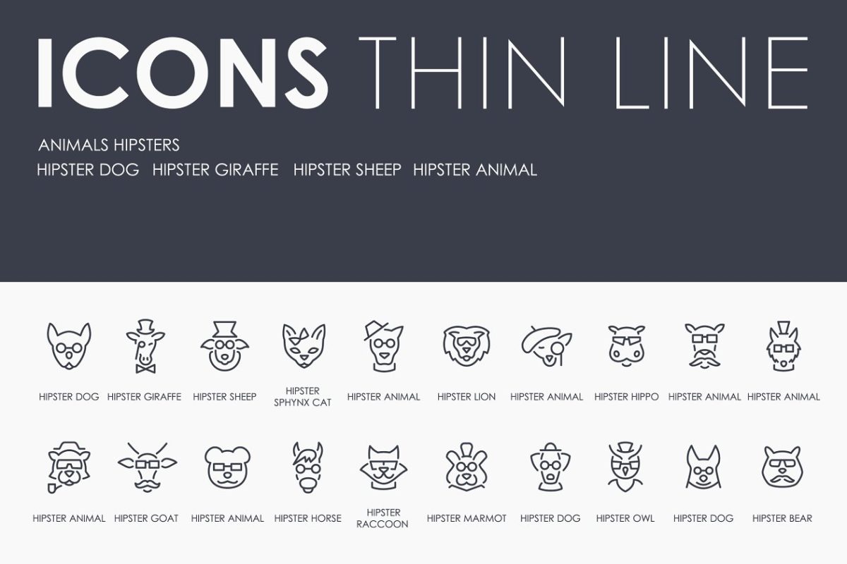 动物拟人时髦的细线图标 Animals hipsters thinline icons