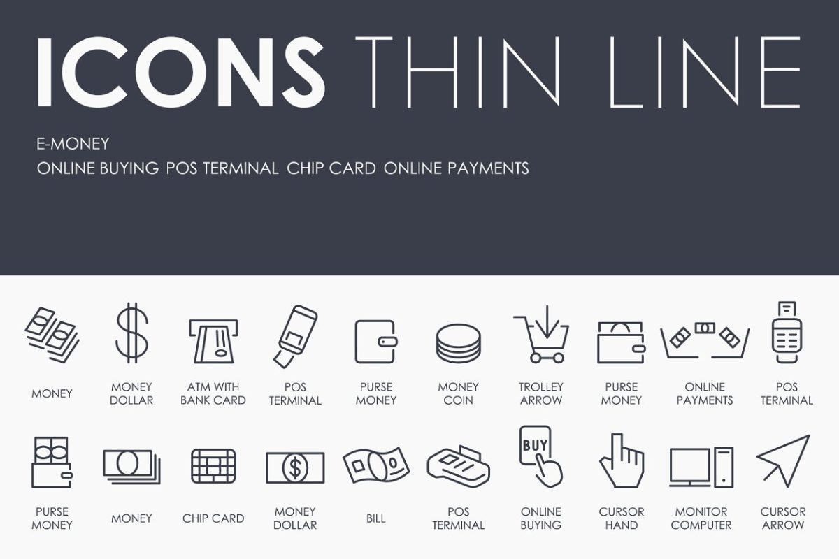 金融矢量图标素材 E-money thinline icons