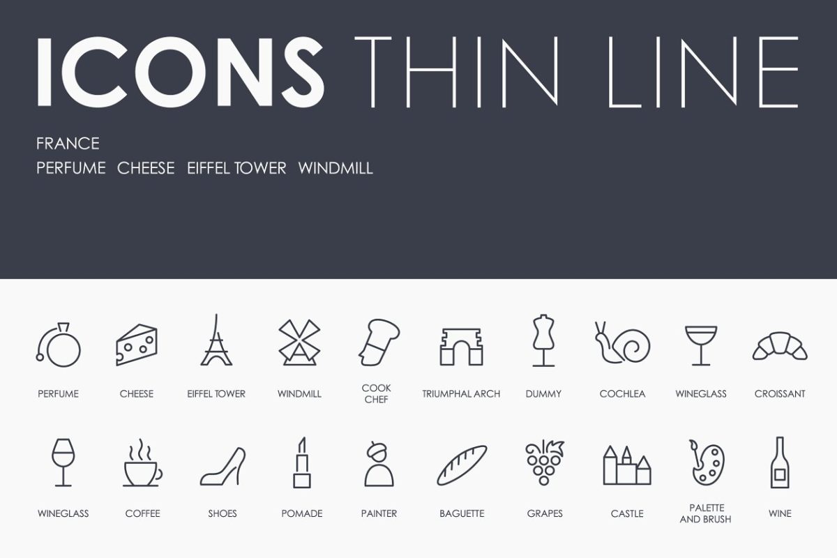 法国元素矢量图标素材 France thinline icons