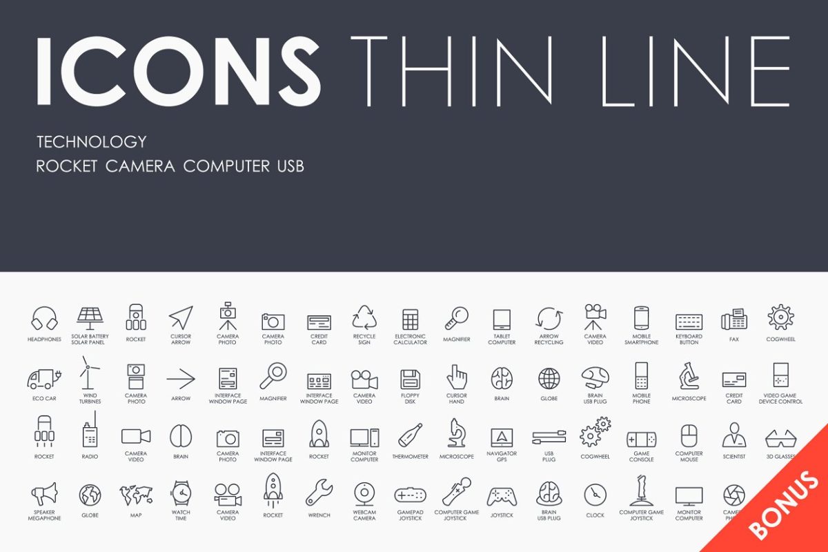 线型技术app图标 Technology thinline icons + BONUS