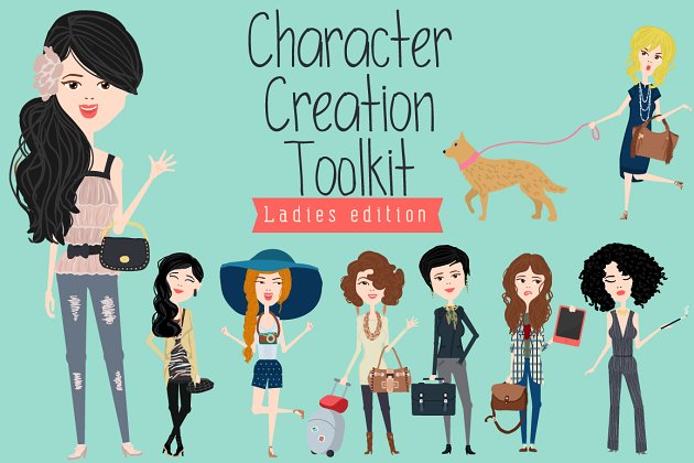 有趣时尚的卡通女性角色素材 Character creation toolkit – Ladies