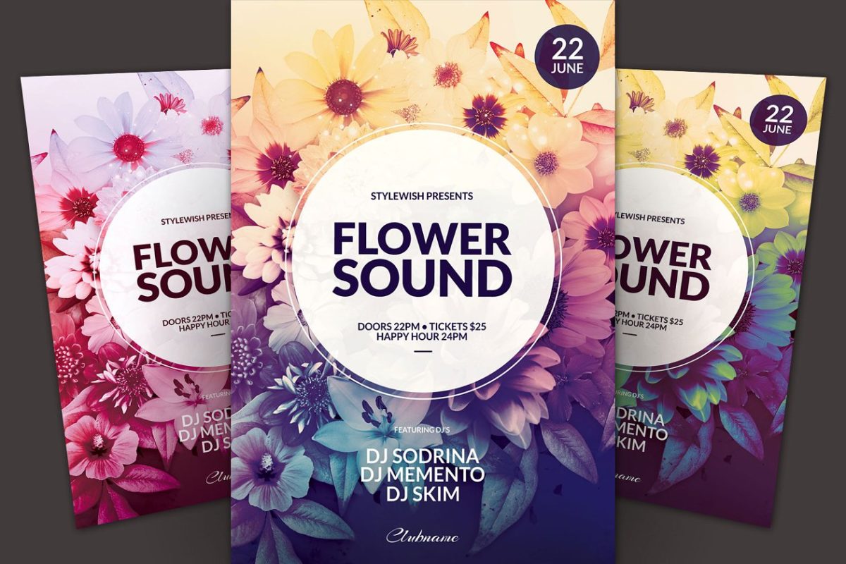 音乐派对花卉传单海报模板 Flower Sound Flyer Template
