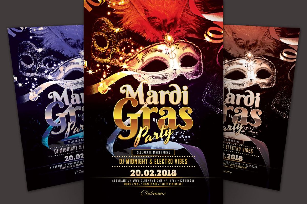 狂欢节面具化妆舞会派传单海报模板 Mardi Gras Party Flyer Template
