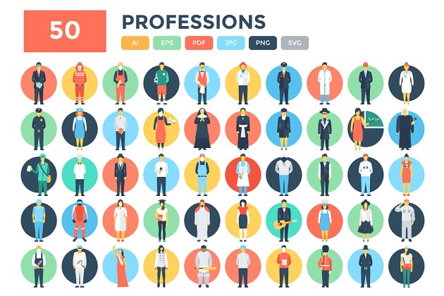 专业职业矢量图标 50 Flat Professions Vector Icons