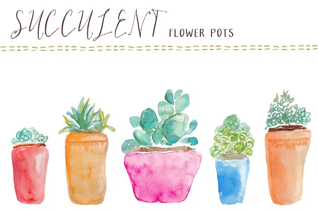 水彩花卉图标 Watercolor Succulents Flower Pots