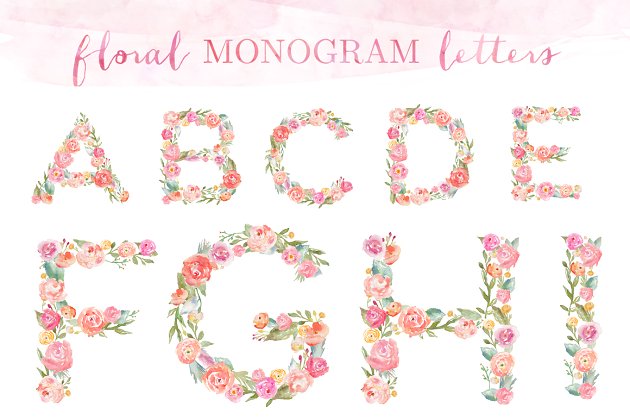 水彩花卉字母剪贴画 Monogram Floral Alphabet Letters