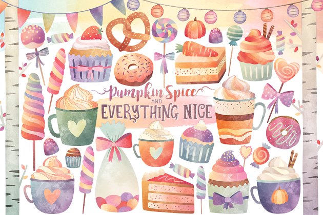 水彩绘制的甜食图片素材 Watercolor Sweets & Treats Clipart