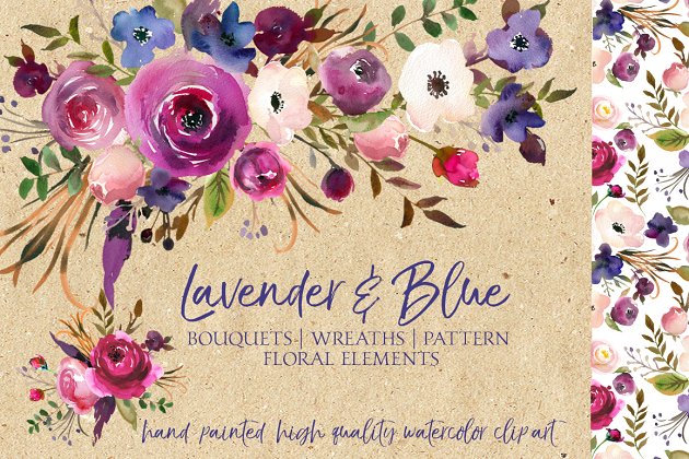 薰衣草蓝色水彩花卉剪贴画 Lavender & Blue Watercolor Flowers