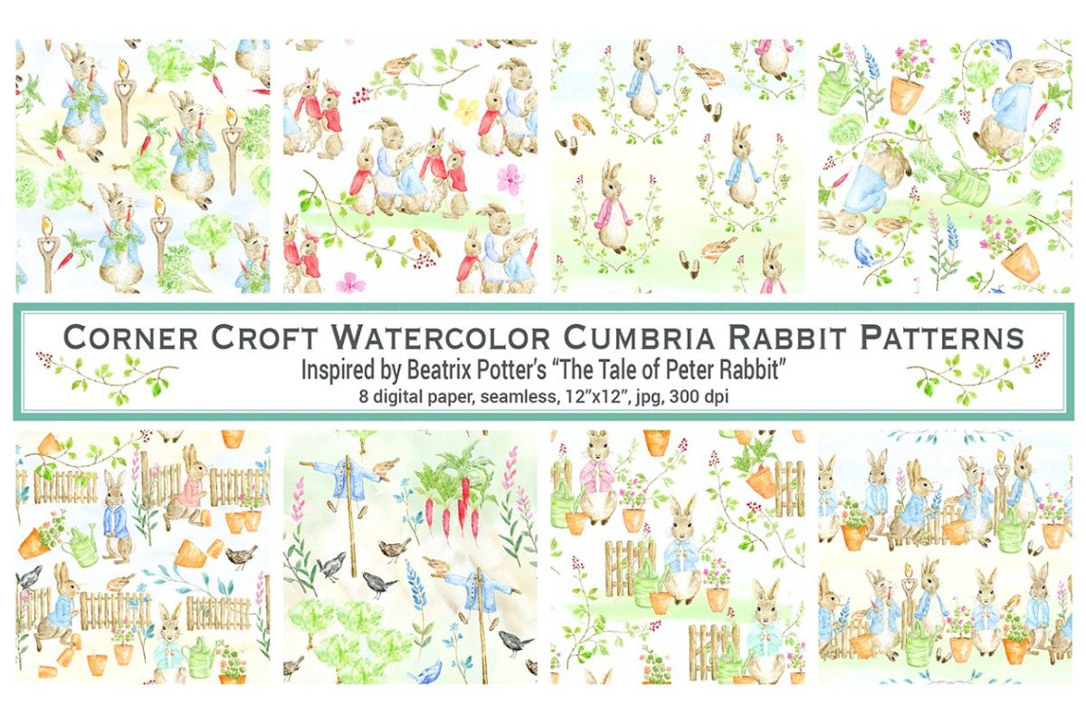 水彩兔子元素背景纹理素材 Watercolor Cumbria Rabbit Patterns