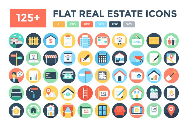 125+扁平化房地产图标 125+ Flat Real Estate Icons