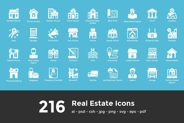 216个房地产字形图标素材 216 Real Estate Glyph Icons