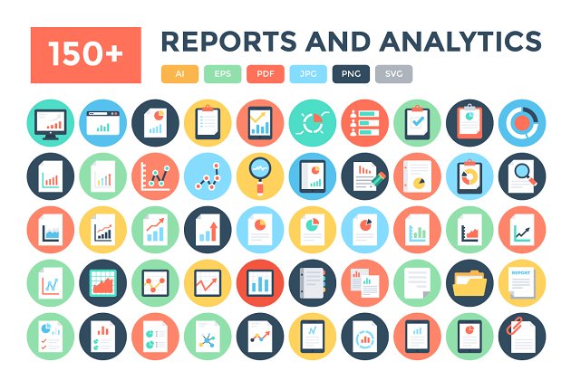 数据报告和分析图标下载 150+ Flat Reports and Analytics Icon