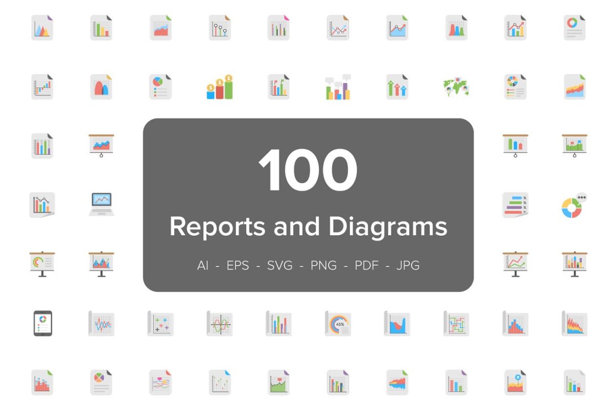 报告图表图标素材 100 Reports and Diagrams Flat Icons