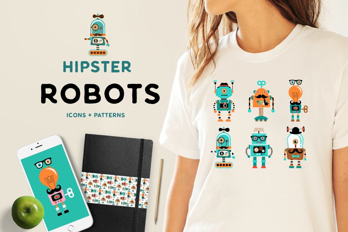 时髦机器人T恤设计插画 Hipster robots + patterns set