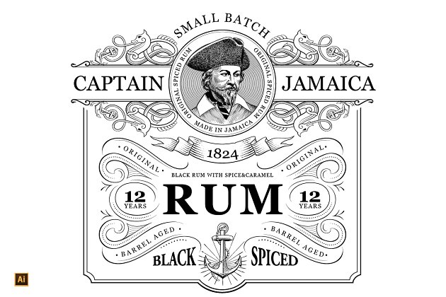 经典瓶贴logo设计 Rum Label Vintage Logo with Pirate