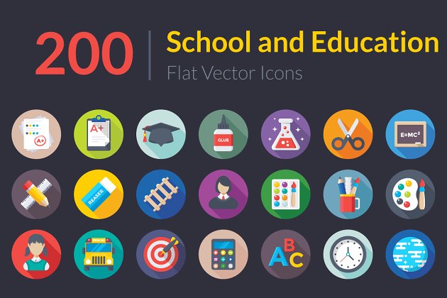 200个平面学校和教育图标大全 200 Flat School and Education Icons