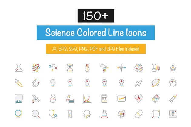 科技图标素材 150+ Science Colored Line Icons