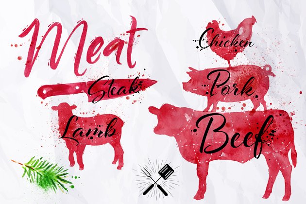 水彩肉类符号图 Watercolor Meat Silhoettes