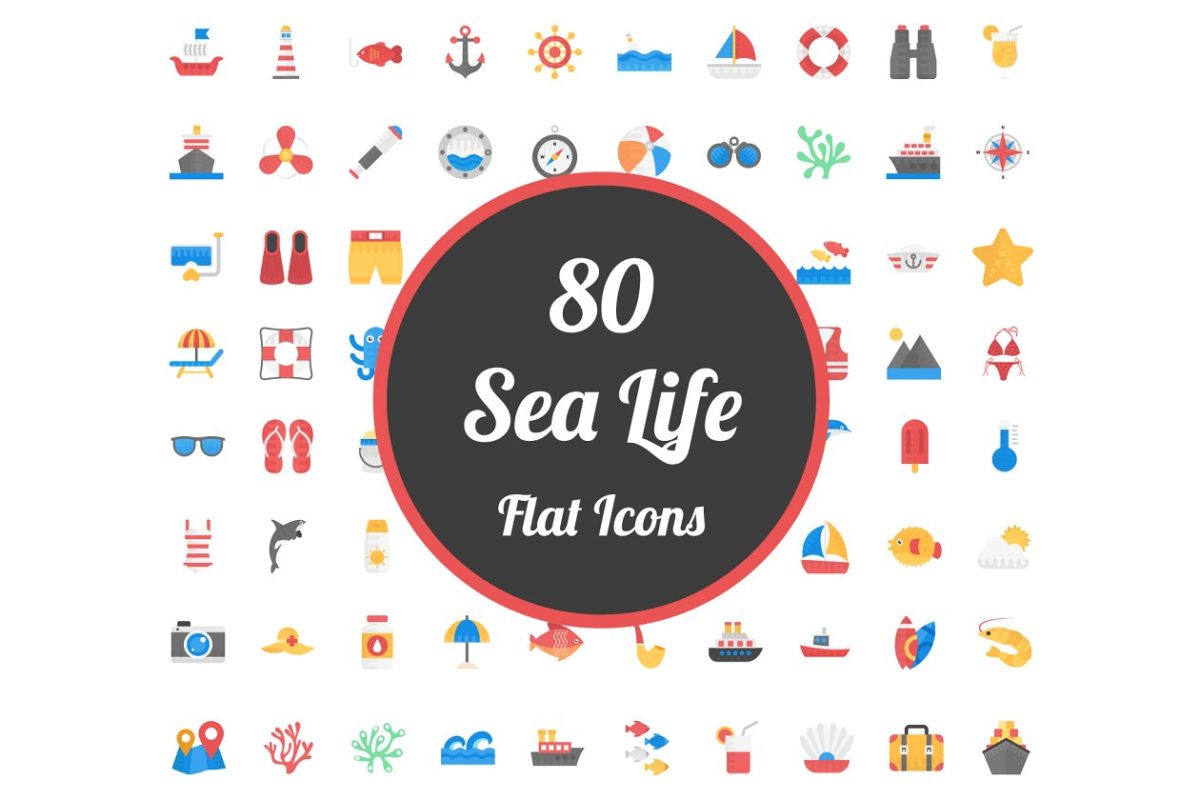 扁平化海洋图标素材 80 Flat Icons Set of Sea Life