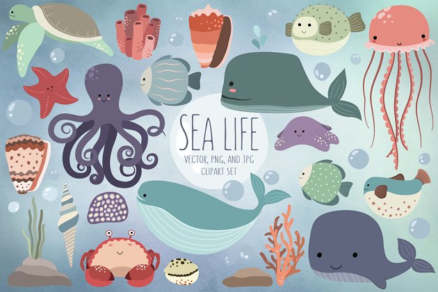 可爱的海洋卡通生物元素 Cute Sea Life Design Elements