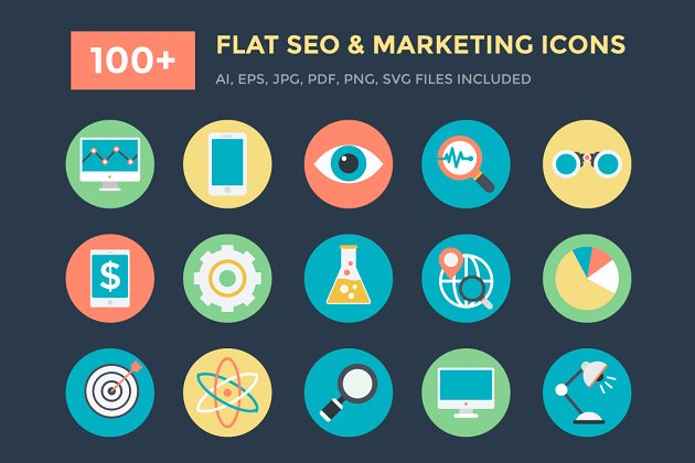 搜索引擎优化和营销图标大全 100+ Flat Seo and Marketing Icons