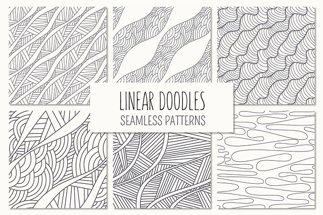 无缝线性涂鸦背景纹理 Linear Doodles. Seamless Patterns