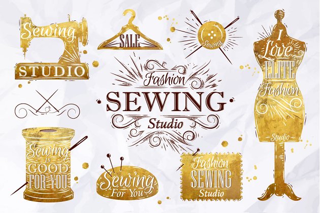 复古烫金缝纫插画 Retro sewing symbol