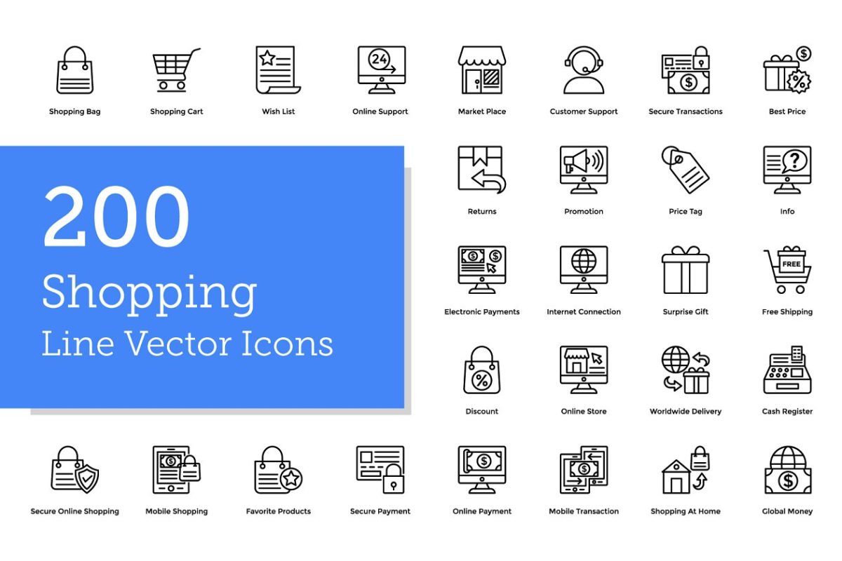 电商购物线型图标素材 200 Shopping Line Icons