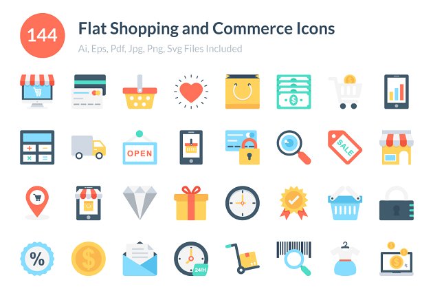 电商购物图标素材 Flat Shopping and Commerce Icons