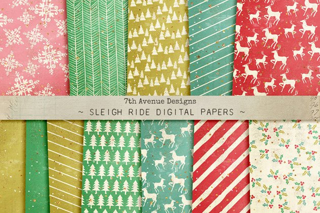 圣诞节氛围的背景纹理素材 Sleigh Ride Digital Papers