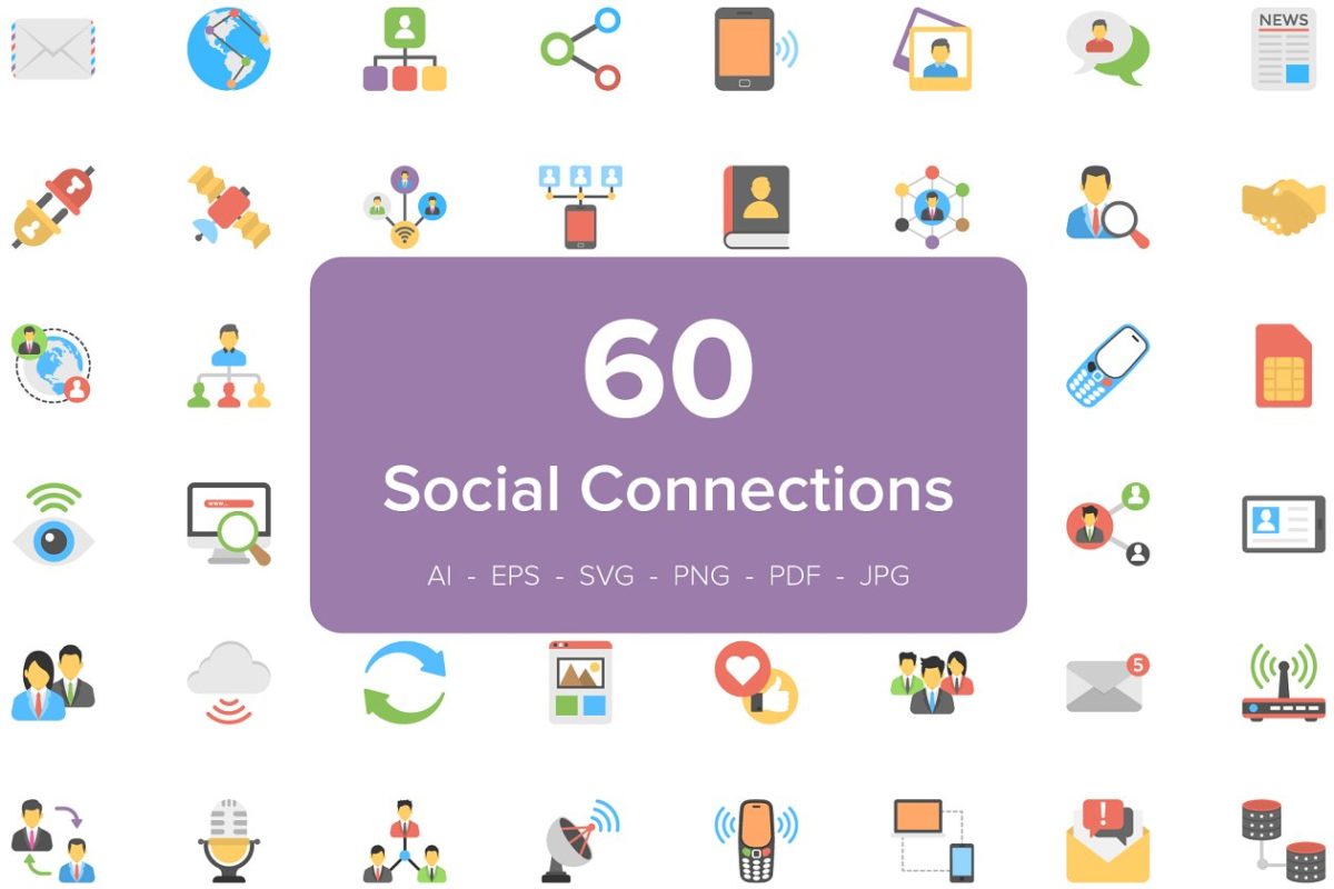 社交网络平面图标 60 Social Connections Flat Icons