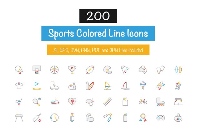 运动元素图标素材 200 Sports Colored Line Icons