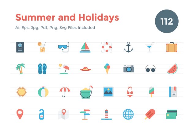 夏天节假日图标 112 Flat Summer and Holidays Icons