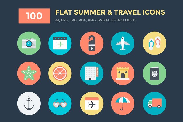 暑假旅行图标素材 100 Flat Summer and Travel Icons