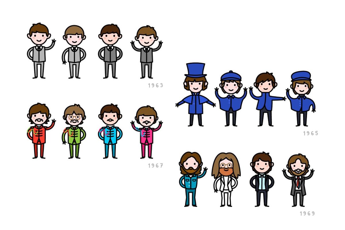 披头士乐队图标插画 The Beatles through the years