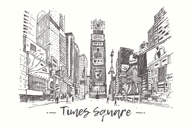 美国纽约市的街道素描插画 Streets of The New York city, USA