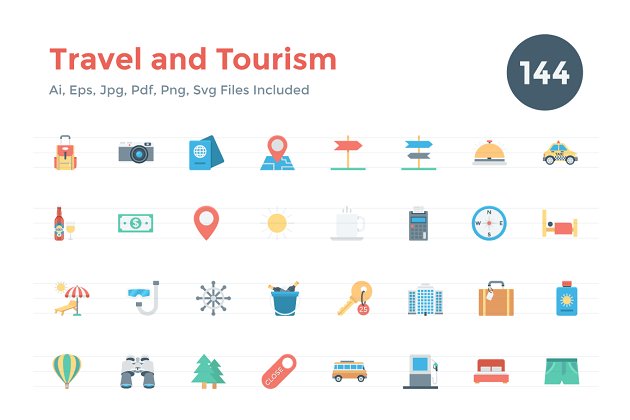 旅行素材矢量图标 144 Flat Travel and Tourism Icons