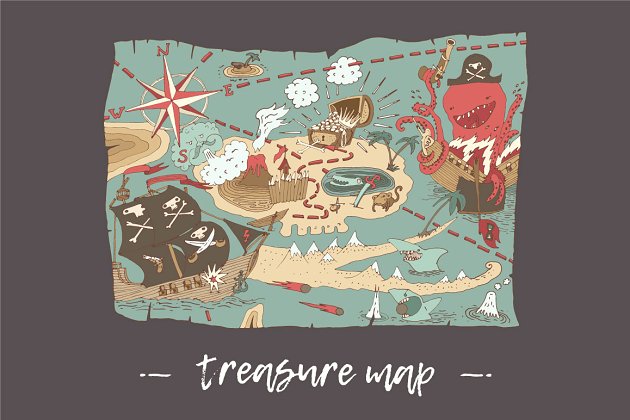岛屿藏宝图，海盗地图素材 Island treasure map, Pirate map