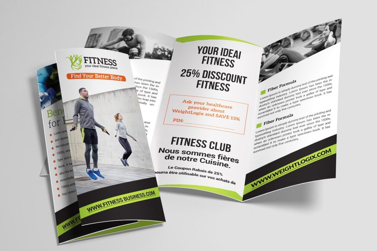 健身俱乐部宣传单设计模板 Fitness Trifold Brochure