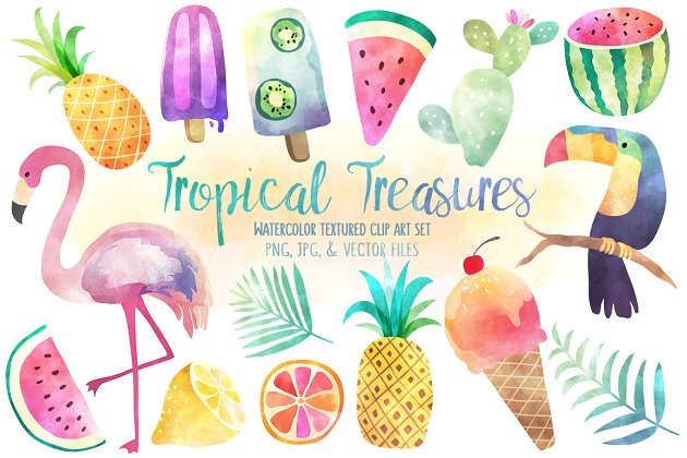 热点水彩雪糕冰淇淋素材 Tropical Treasures Watercolor Bundle