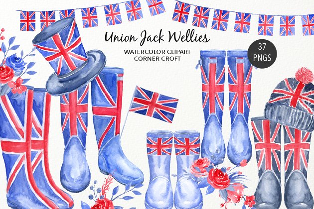 水彩英国国旗雨靴插图 Watercolour Union Jack Rain Boots