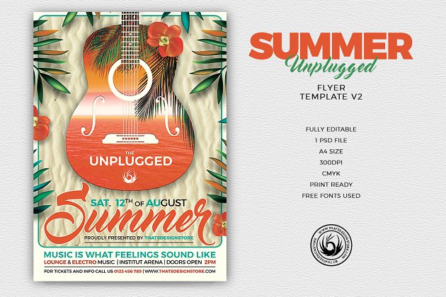 夏天吉他海报模板v2 Summer Unplugged Flyer PSD V2