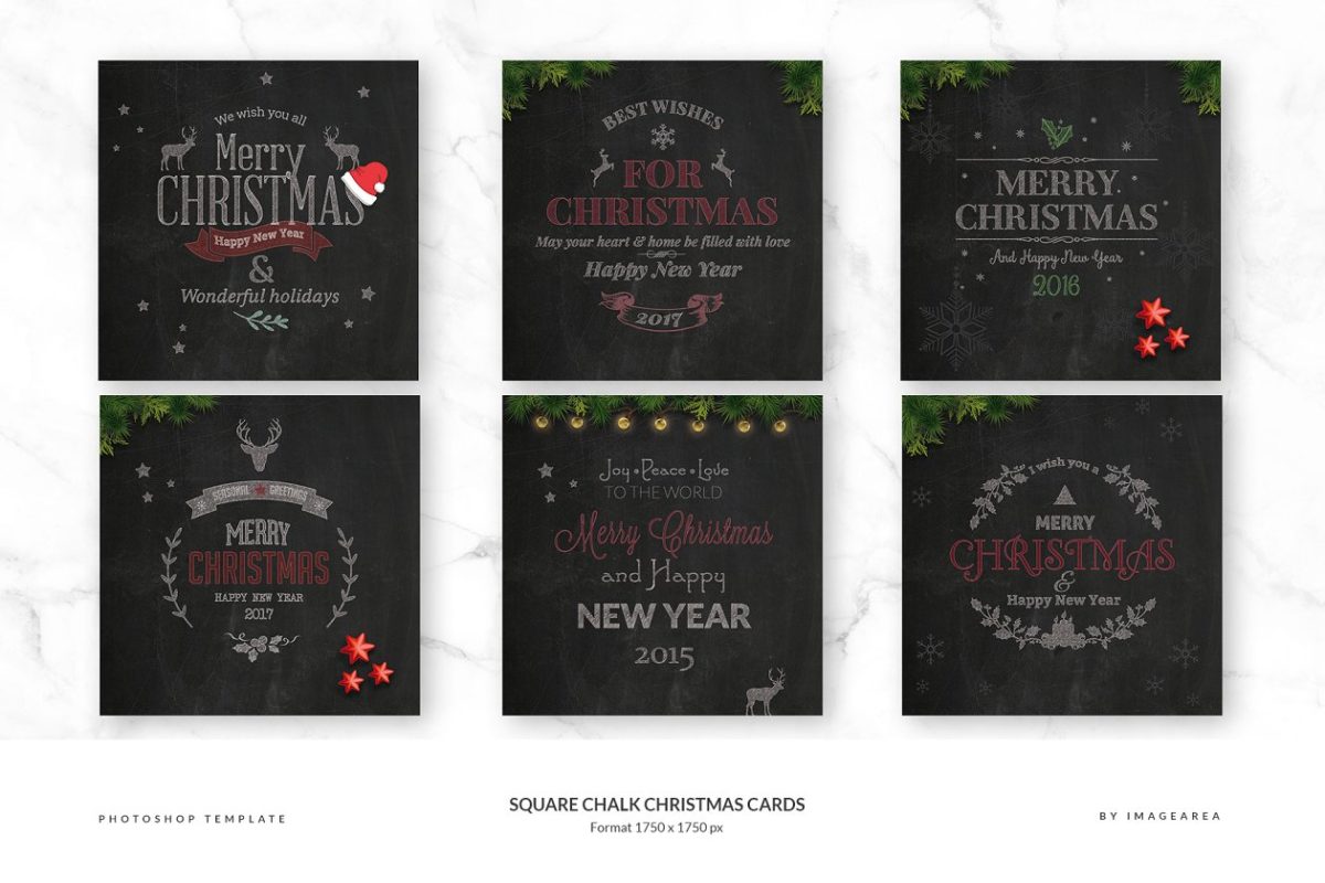 方形粉笔黑板绘制效果的圣诞节卡片 Square Chalk Christmas Cards