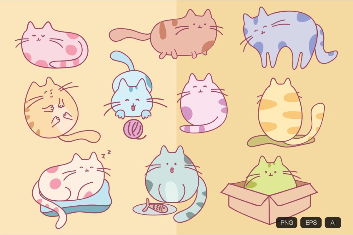 10可爱的猫手绘制的矢量图 10 Cute Cat Hand Drawn Vector