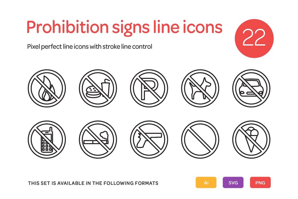 禁止标志线图标集 Prohibition Signs Line Icons Set