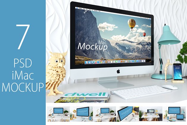 明亮工作场景的iMac样机 iMac Mockup (7 PSD) + Bonus