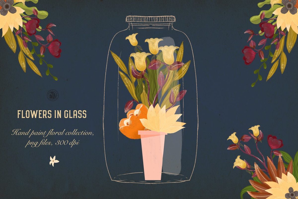 水彩花卉素材插画 Flowers in Glass